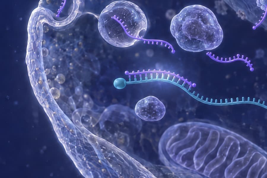 One uniform oligonucleotide strand paired at the capped start of a messenger RNA, with the two parts of a ribosome held apart above and below it; nothing is cut.