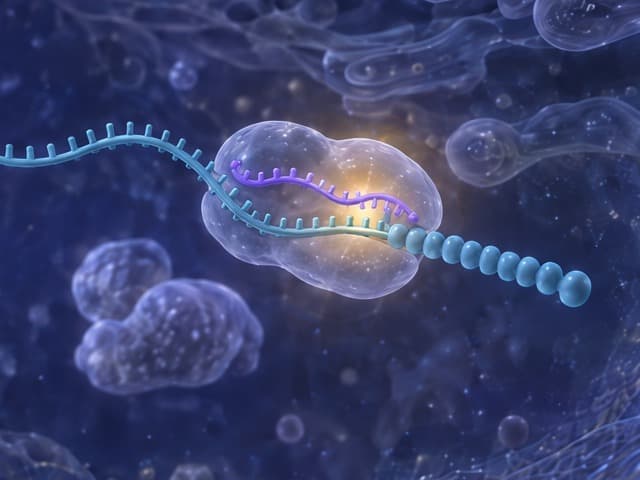 One uniform oligonucleotide strand held inside an Argonaute protein that sits on a messenger RNA near its beaded tail; the message runs through unbroken.
