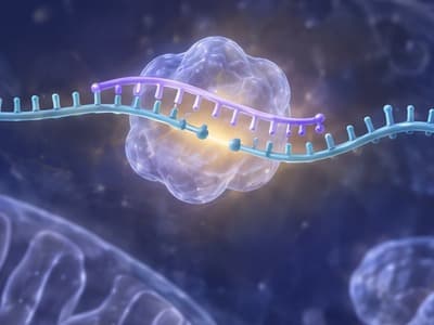 RNase H1 on a gapmer paired with a messenger RNA inside a cell: the messenger RNA is cut at the enzyme with a gap, and the gapmer stays whole.