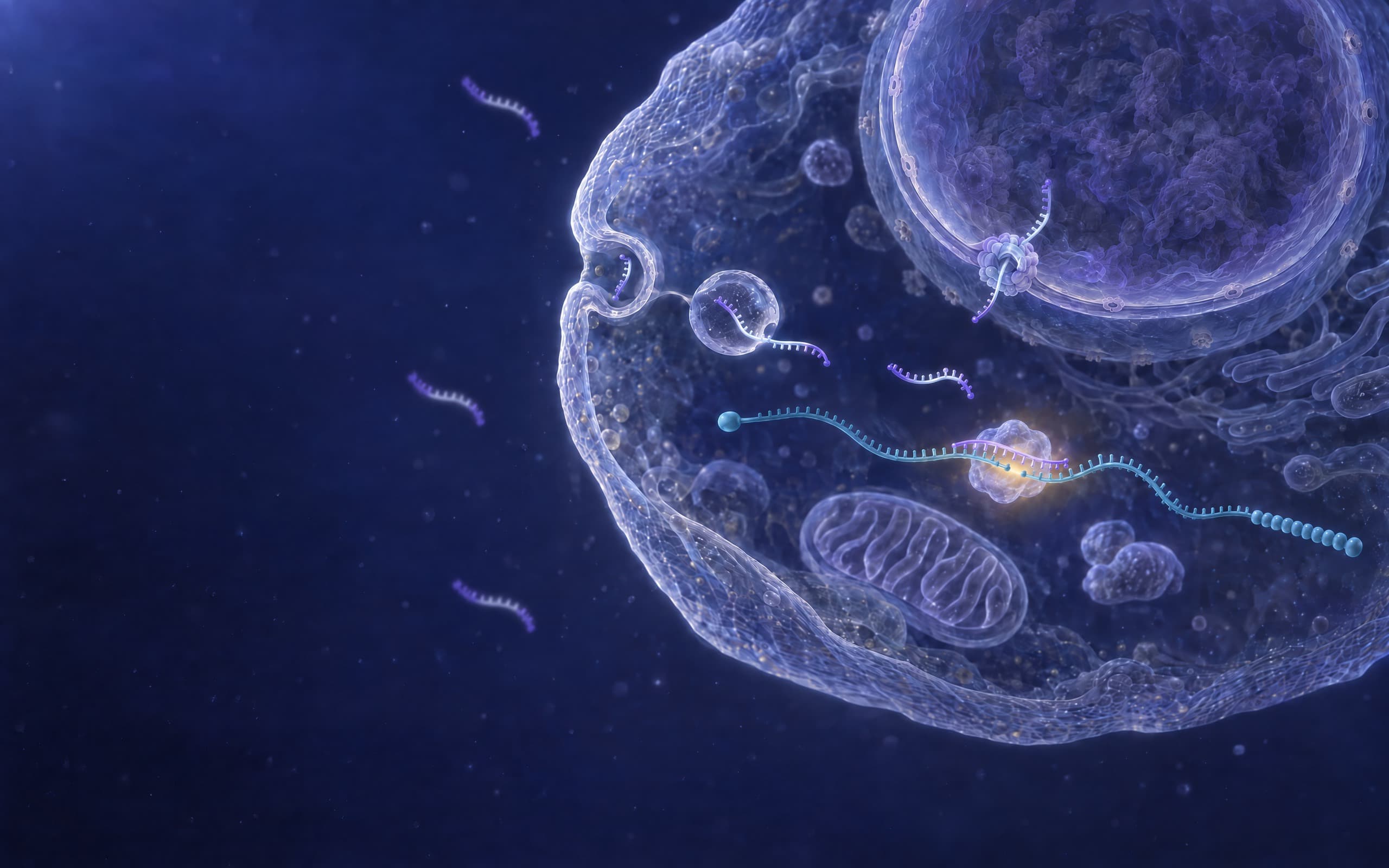 Inside a cell, a self-delivering antisense oligonucleotide, a violet gapmer with a pale central gap between its two wings, is paired along its length with a blue-teal messenger RNA in the cytoplasm, and RNase H1, a translucent globular enzyme, sits on the gap under a warm glow: the messenger RNA is cut at the enzyme, its capped start on one side and its beaded tail on the other, while the oligonucleotide stays whole. Three more gapmers drift in the dark medium just outside the cell membrane with no transfection reagent; the membrane takes one in through a pit and a vesicle, one crosses a nuclear pore into the nucleus at the top right, and a mitochondrion lies below the pair.