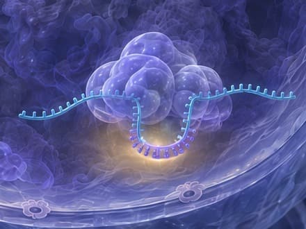 The spliceosome holding two exons of a pre-messenger RNA together while the exon between them loops out below, one uniform oligonucleotide strand paired on the loop; nothing is cut.