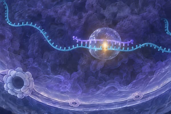 Among chromatin in the nucleus, RNase H1 on a gapmer paired with a long non-coding RNA, cut at the enzyme with its ends trailing away; the gapmer stays whole.