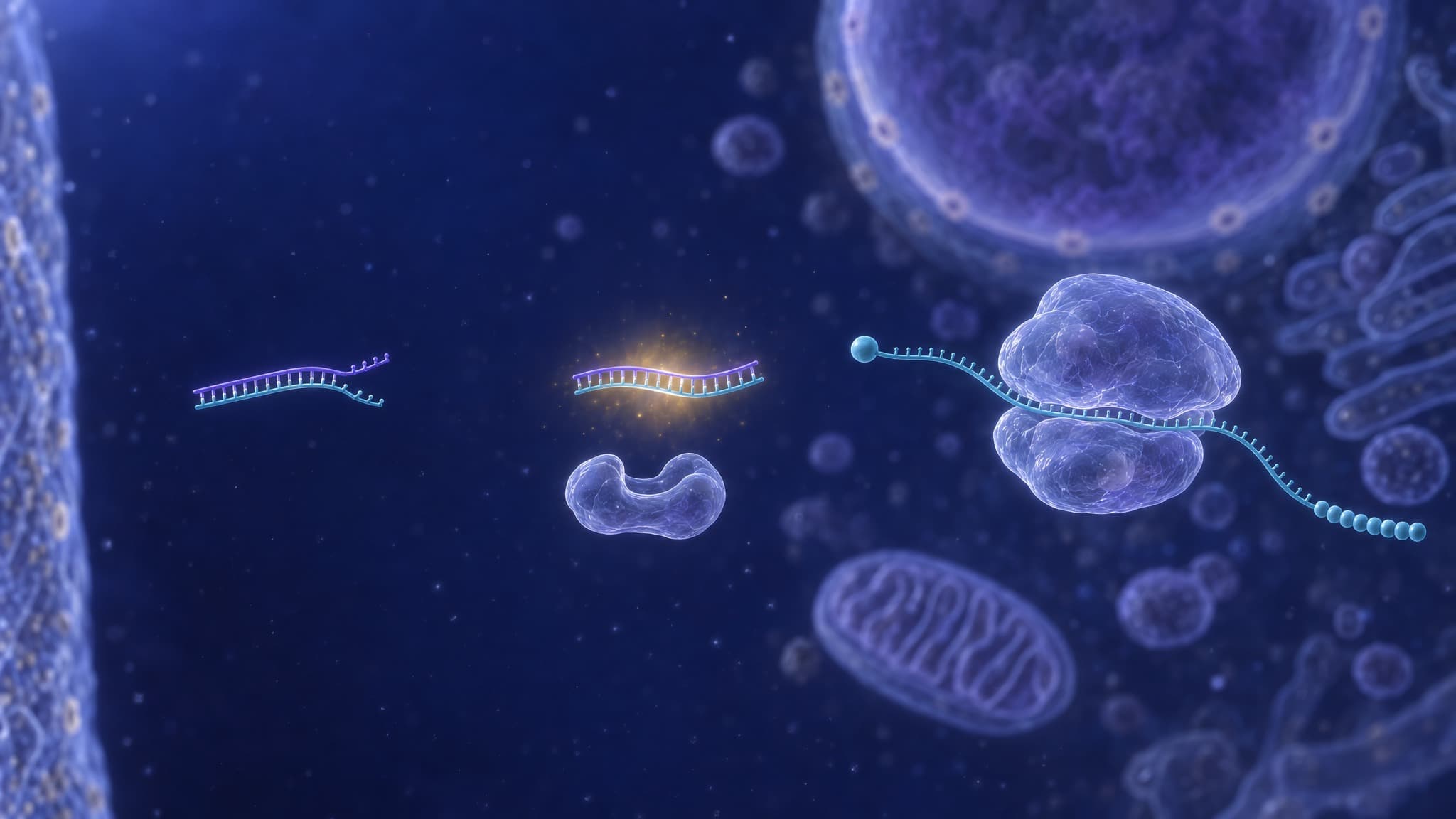 Three stages inside a cell, left to right: one uniform oligonucleotide strand with no gap pairs end to end with a short microRNA; the completed duplex is held under a warm glow while an Argonaute protein below it, a translucent two-lobed body with an open groove, stays empty; a messenger RNA runs from its capped start to its beaded tail through a ribosome, two rounded subunits joined on it, which reads it. Nothing is cut and no enzyme appears. The cell membrane stands at the left, the nucleus at the top right and a mitochondrion below.