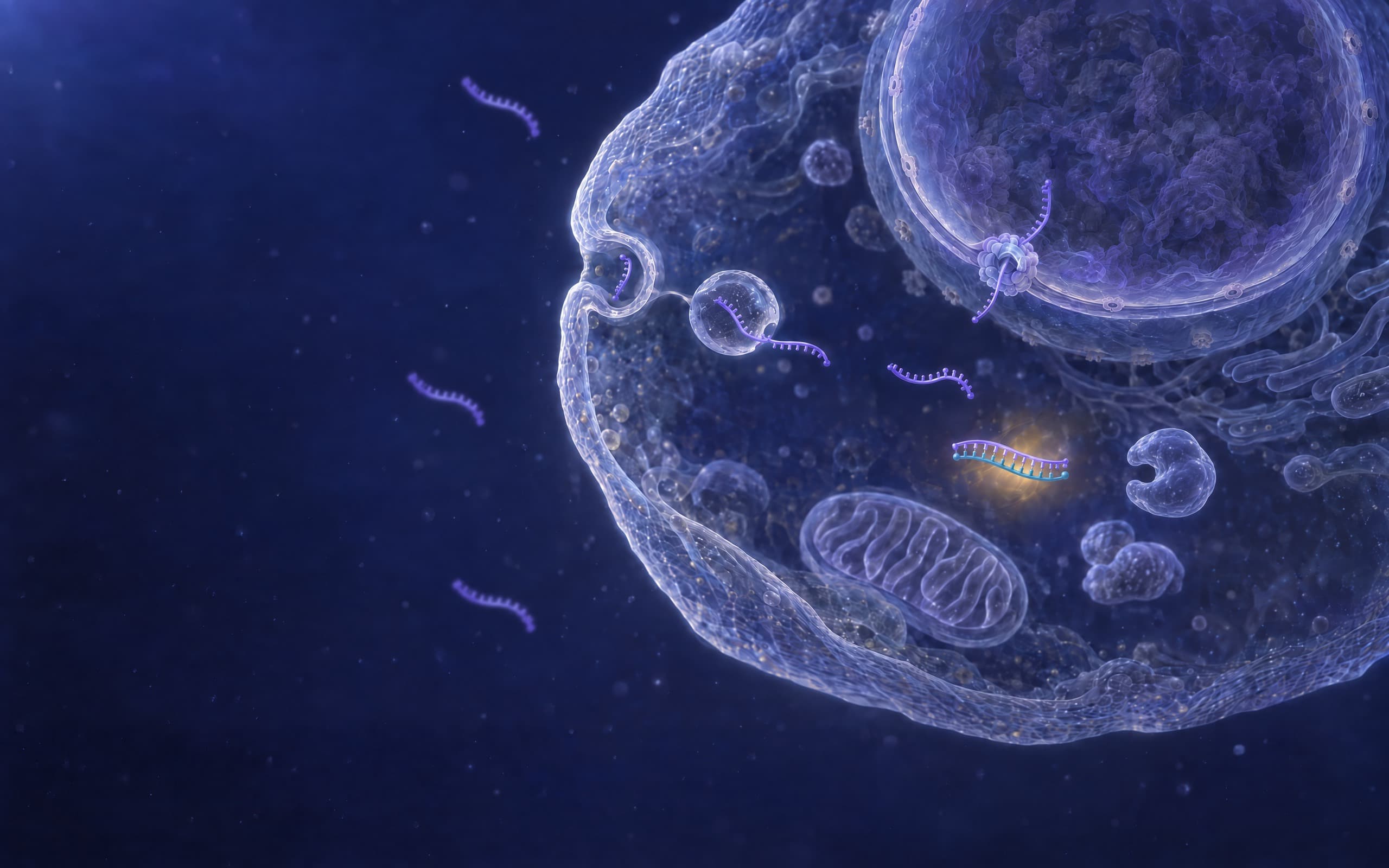 A self-delivering antisense oligonucleotide, one uniform strand with no gap, is taken up by endocytosis and binds a microRNA: single strands drift in the medium outside the cell membrane with no transfection reagent, the membrane takes one in through a pit and a vesicle, one passes through a pore into the nucleus, and in the cytoplasm one is paired end to end with a short microRNA, holding it in a duplex under a warm glow. Nothing is cut: the oligonucleotide and the microRNA both stay whole, no enzyme sits on the pair, and to the right of it an Argonaute protein, a translucent two-lobed body with an open groove, sits empty above a mitochondrion.